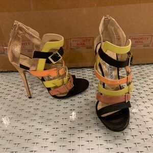 Jimmy Choo rose gold black yellow buckle gladiator stiletto sandal size 38.